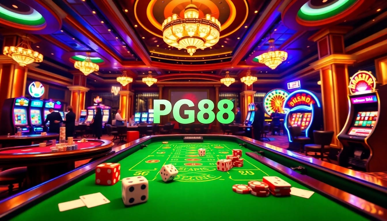 Players enjoying a vibrant casino experience at PG88 with poker tables, slot machines, and excitement.