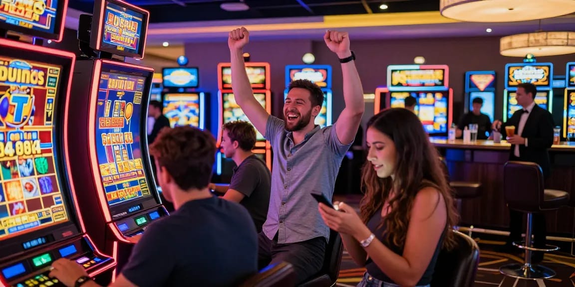 Exciting slot gaming scene highlighting vibrant online slot machines, diverse players, and celebratory moments in a lively casino.