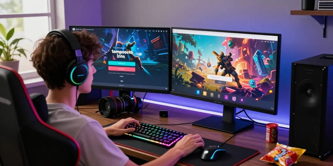 Active tempototo login scene with user engaging on vibrant gaming platform interface, showcasing modern gaming setup.