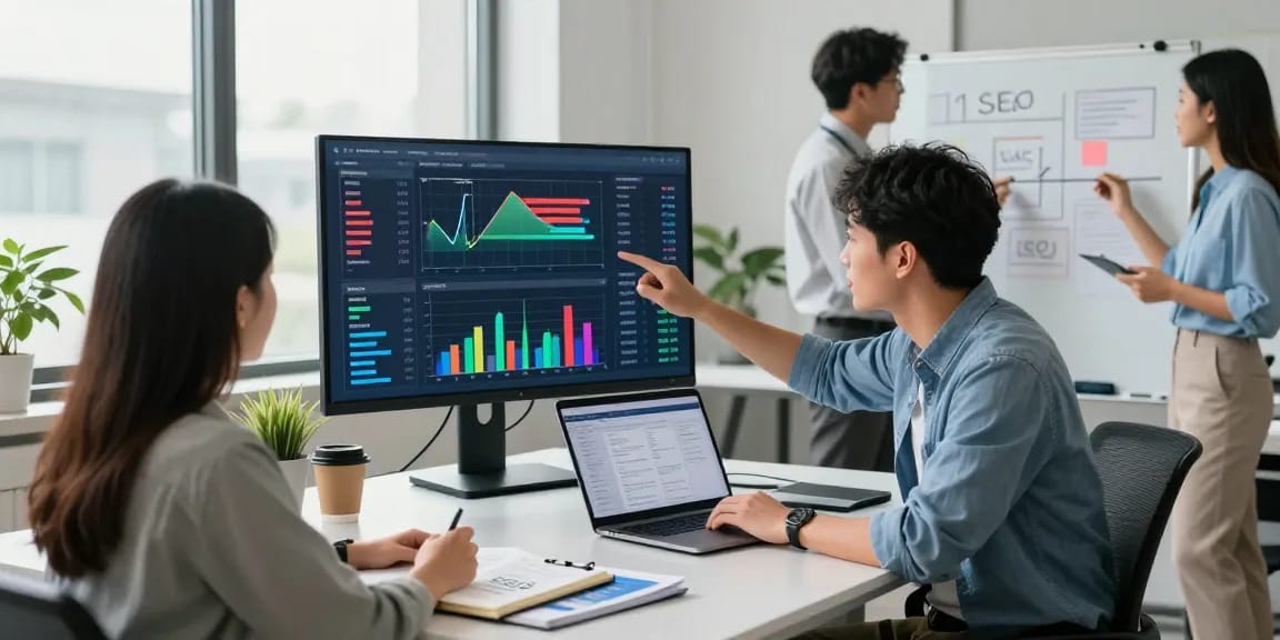 Tim pemasaran digital memanfaatkan analisis data UE99 untuk strategi terbaik di kantor modern.