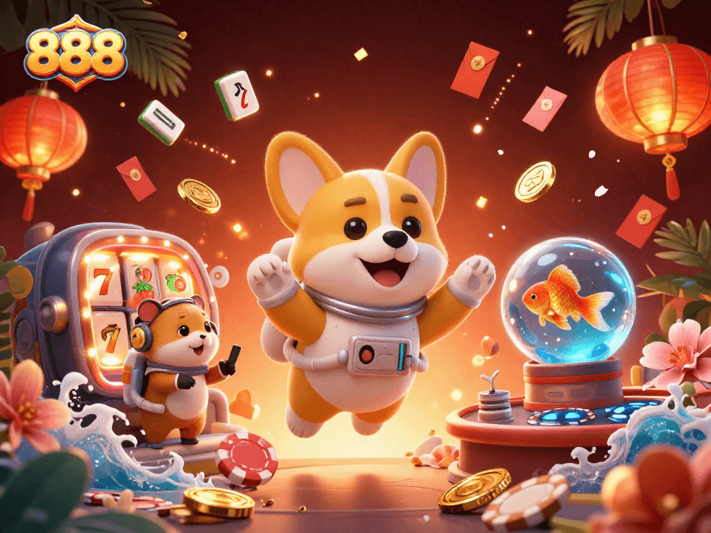 Experience the thrill of 888 with a floating corgi astronaut in a vibrant casino environment.