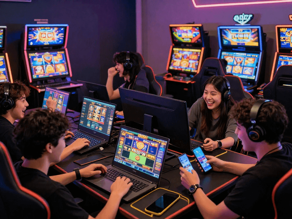 Engaging players experiencing situs slot games on multiple devices in a modern gaming setup.