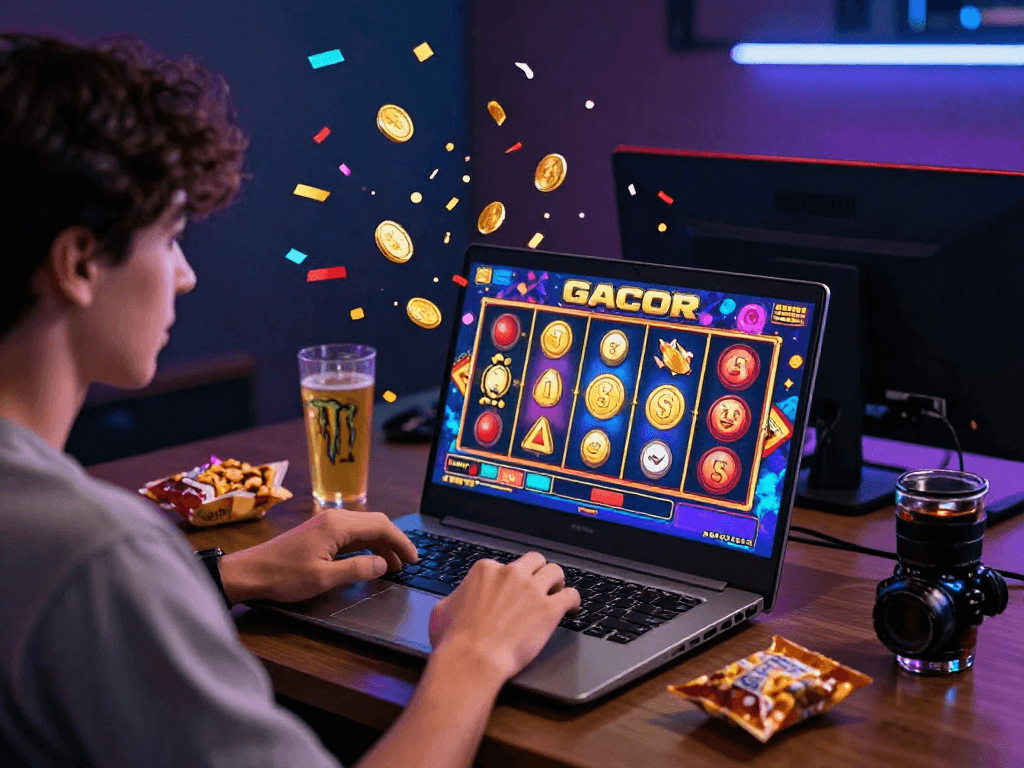 Winning moment in slot gacor hari ini game, vibrant online gaming atmosphere with celebratory visuals.