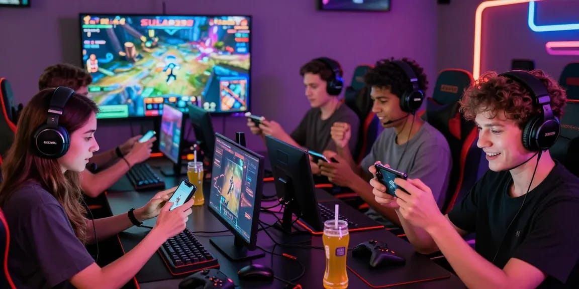 Pengguna aktif SULAP338 di ruang permainan online modern, merayakan kemenangan bersama dengan suasana ceria.