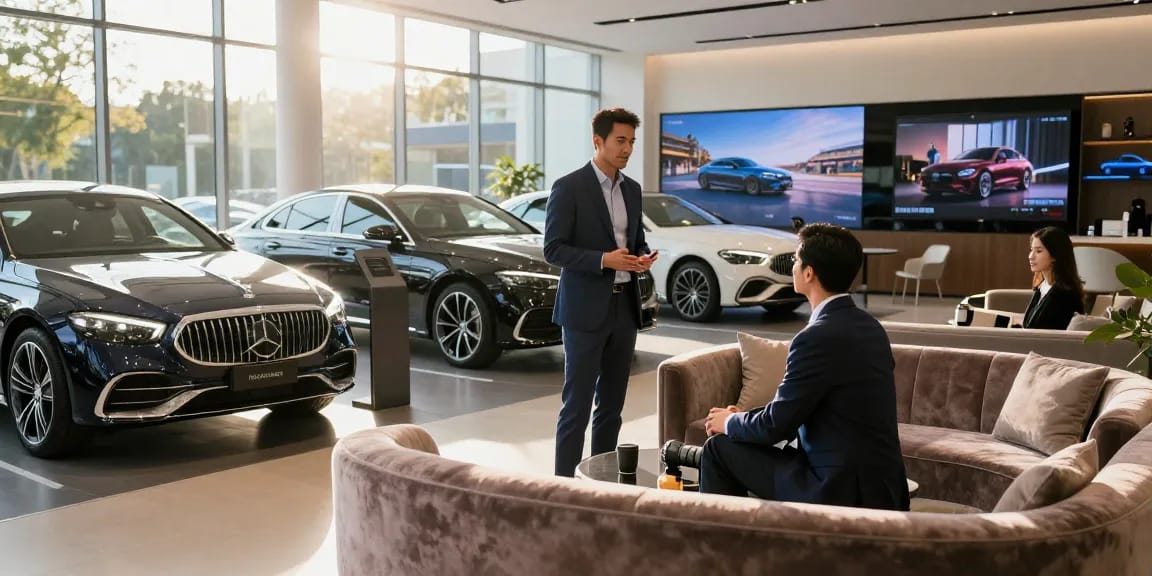 Mobil mewah LUXURY 777 ditampilkan dengan konsultan berpengalaman dalam suasana showroom yang elegan.