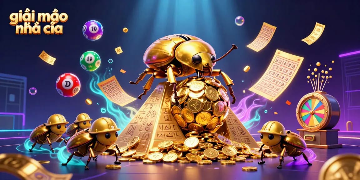 Experience the world of giải mã nhà cái with an illustration of a golden dung beetle navigating a casino wonderland.