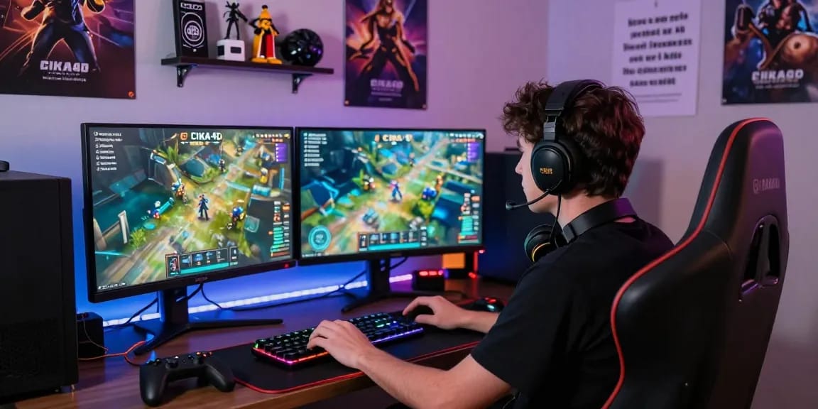 CIKA4D online gaming platform scene with player engaged in immersive experience, showcasing vibrant graphics and gaming accessories.