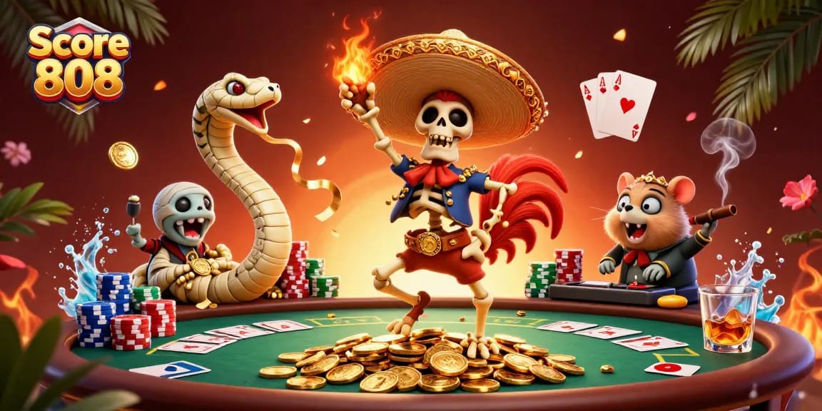 Engage in thrilling poker action with Score 808's vibrant 3D illustration filled with casino elements.