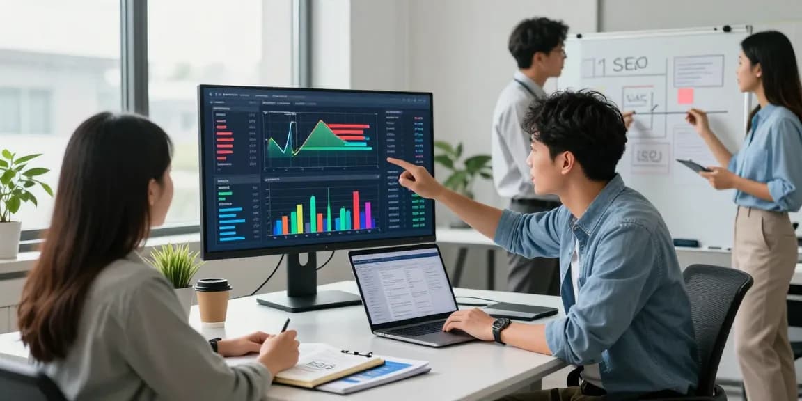Tim pemasaran digital memanfaatkan analisis data UE99 untuk strategi terbaik di kantor modern.