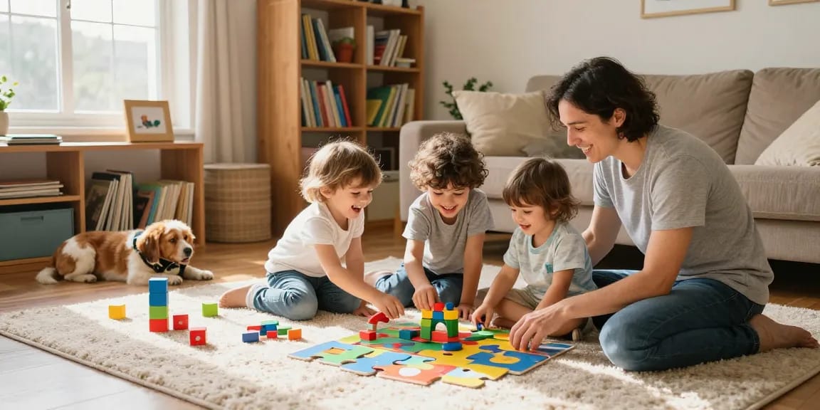 Interactive family time with link slot educational games in a warm living room.