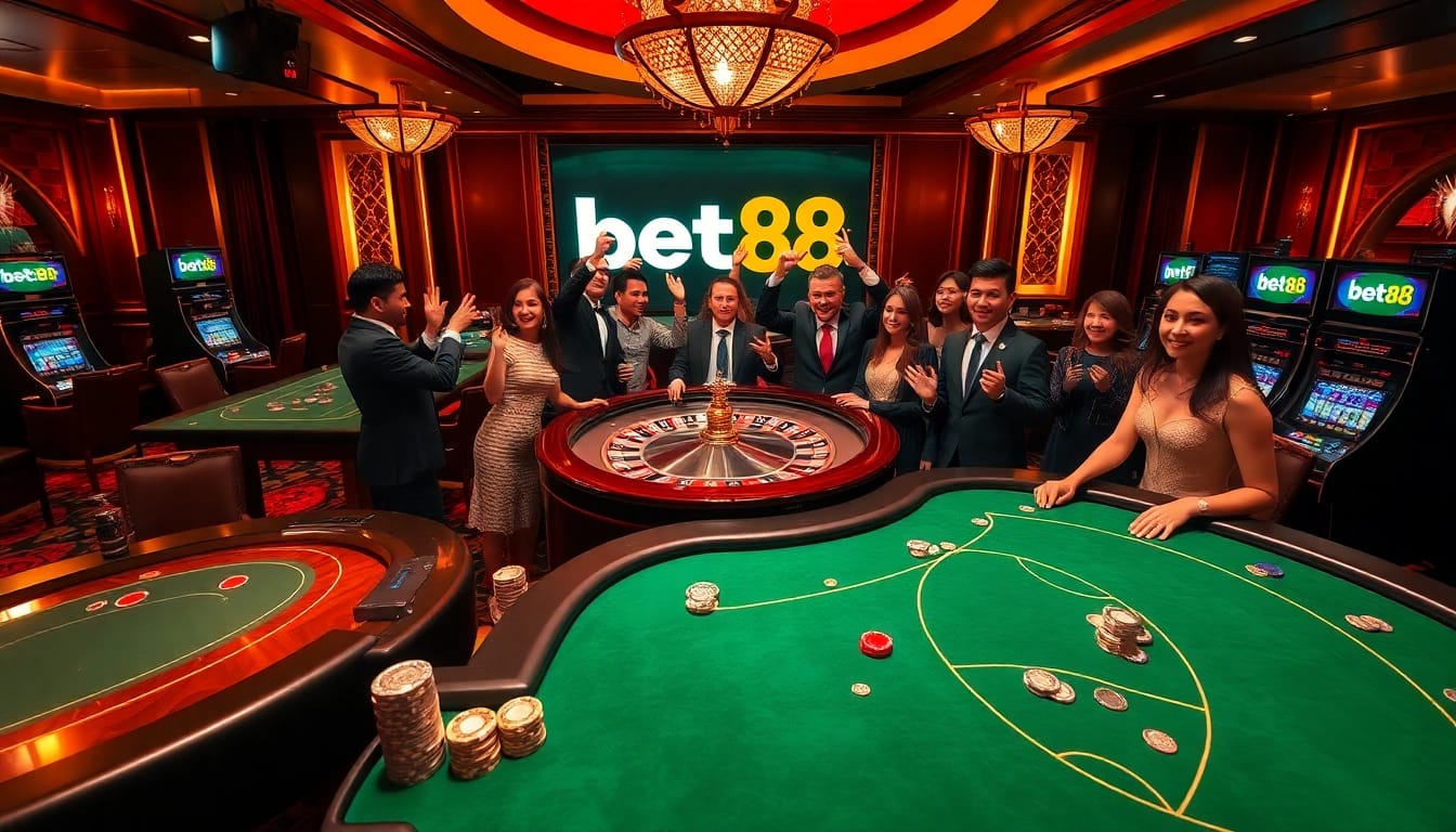 Bet88 players enjoying high-stakes gaming at luxurious casino tables with vibrant decorations.