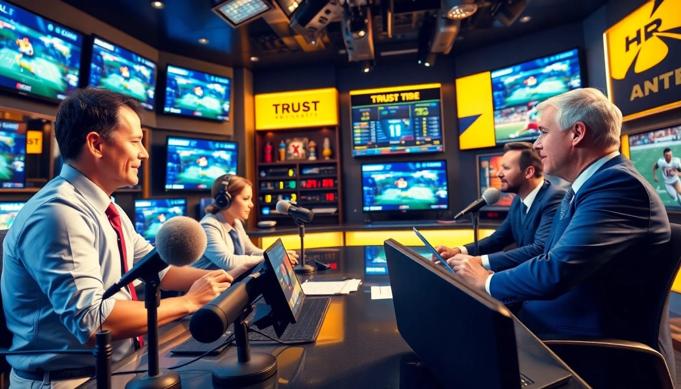 Engaging sports broadcasting studio showcasing lively presenters discussing live events.