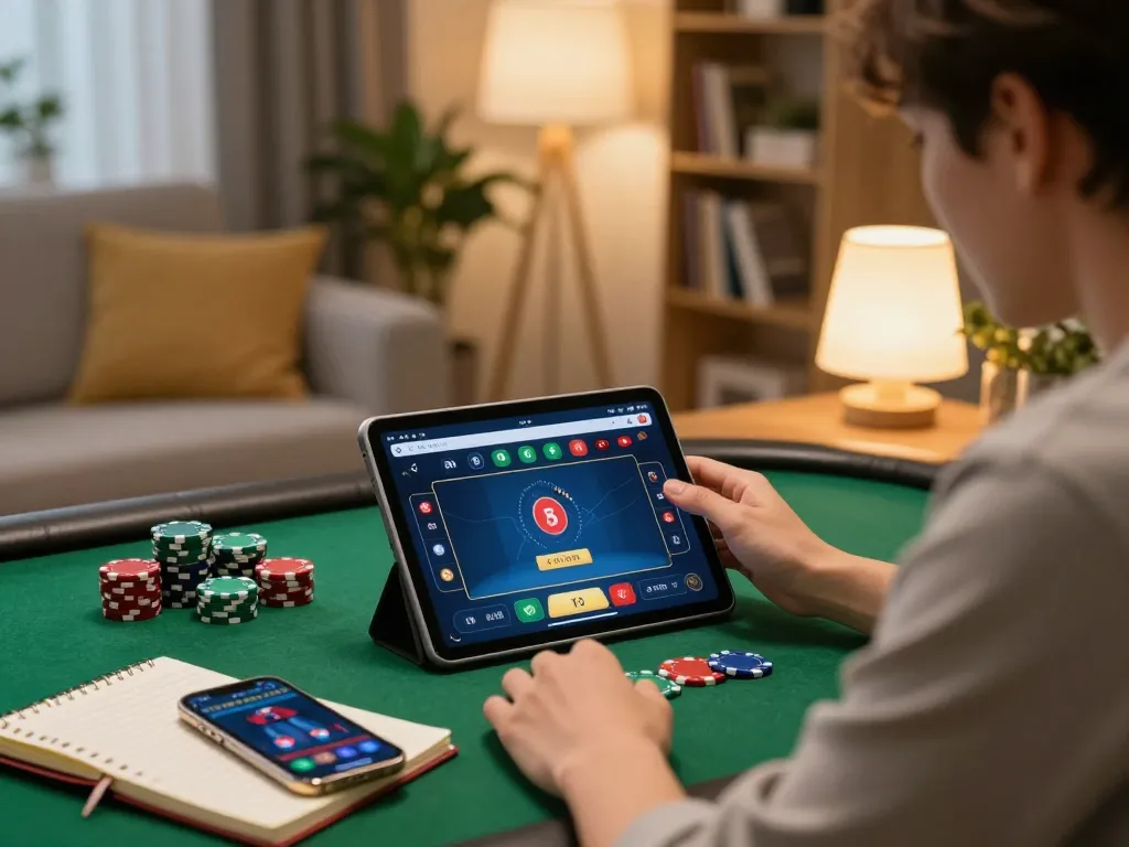 Bongdalu vip player focusing on poker gameplay on a tablet, warm home environment highlighting strategic insights.