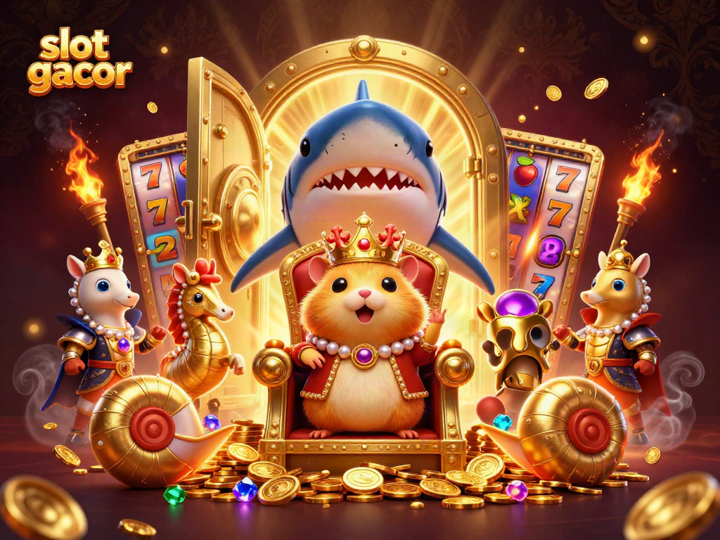 Engage with slot gacor adventures in this vibrant casino scene featuring a golden hamster king.