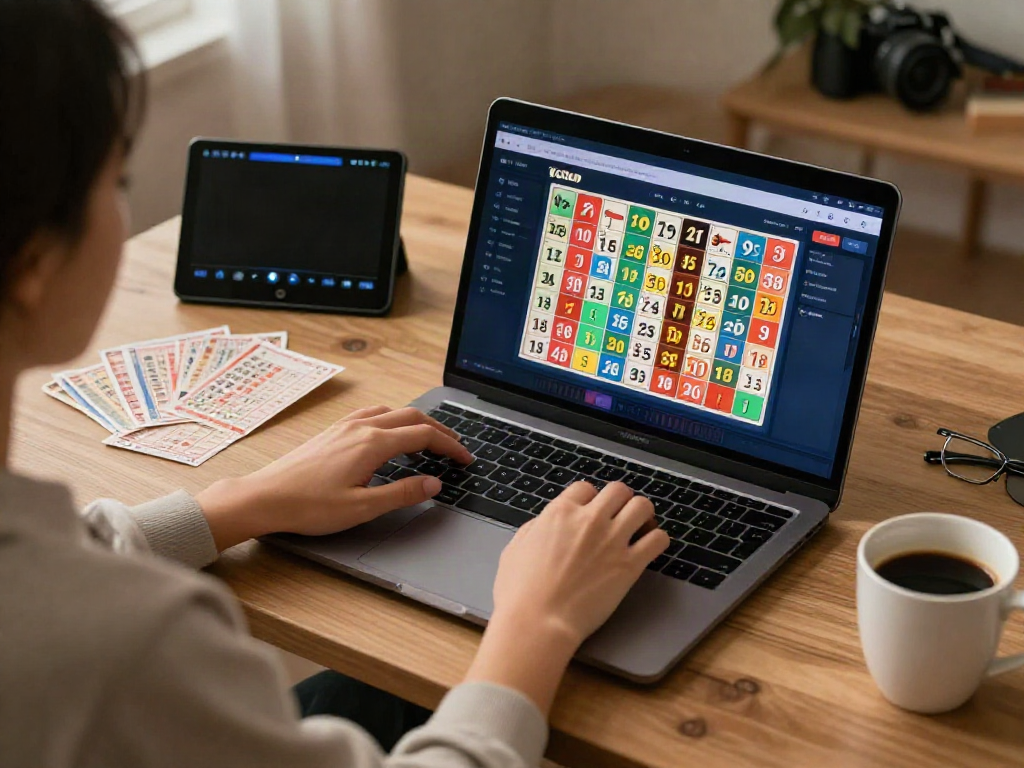 Engaged user playing Toto Lotto 4D on AHHA4D platform in cozy home office.