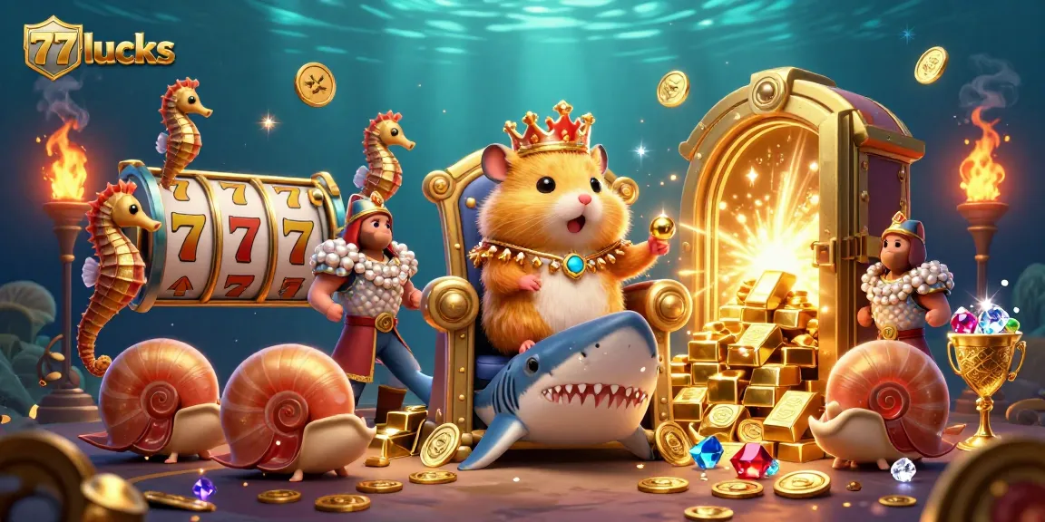 Permainan slot 77lucks dengan raja hamster emas yang mengenakan mahkota karang di tahta gigi hiu.