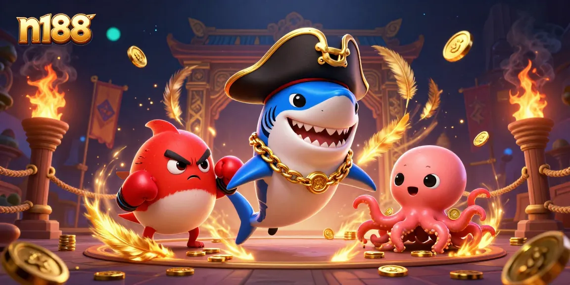 Win big at n188 with a colorful casino scene featuring a pirate shark, pufferfish, and octopus.