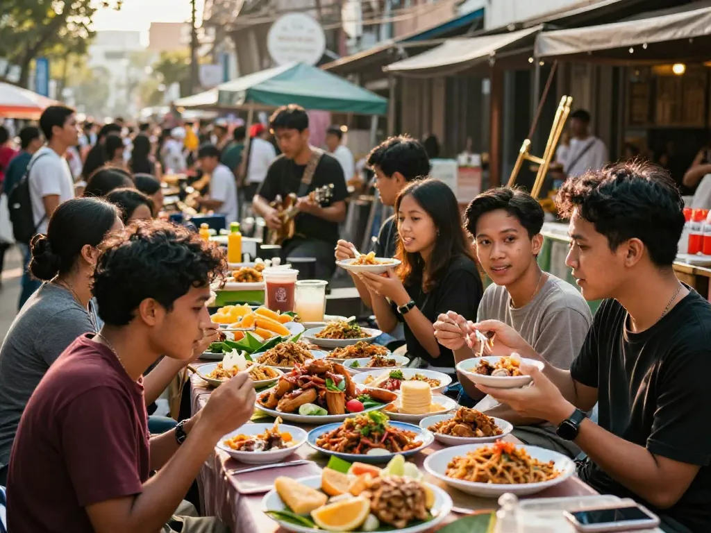 Suasana pasar makanan dengan dewitogel di tengah keramaian, menggambarkan kebersamaan dan variasi kuliner.