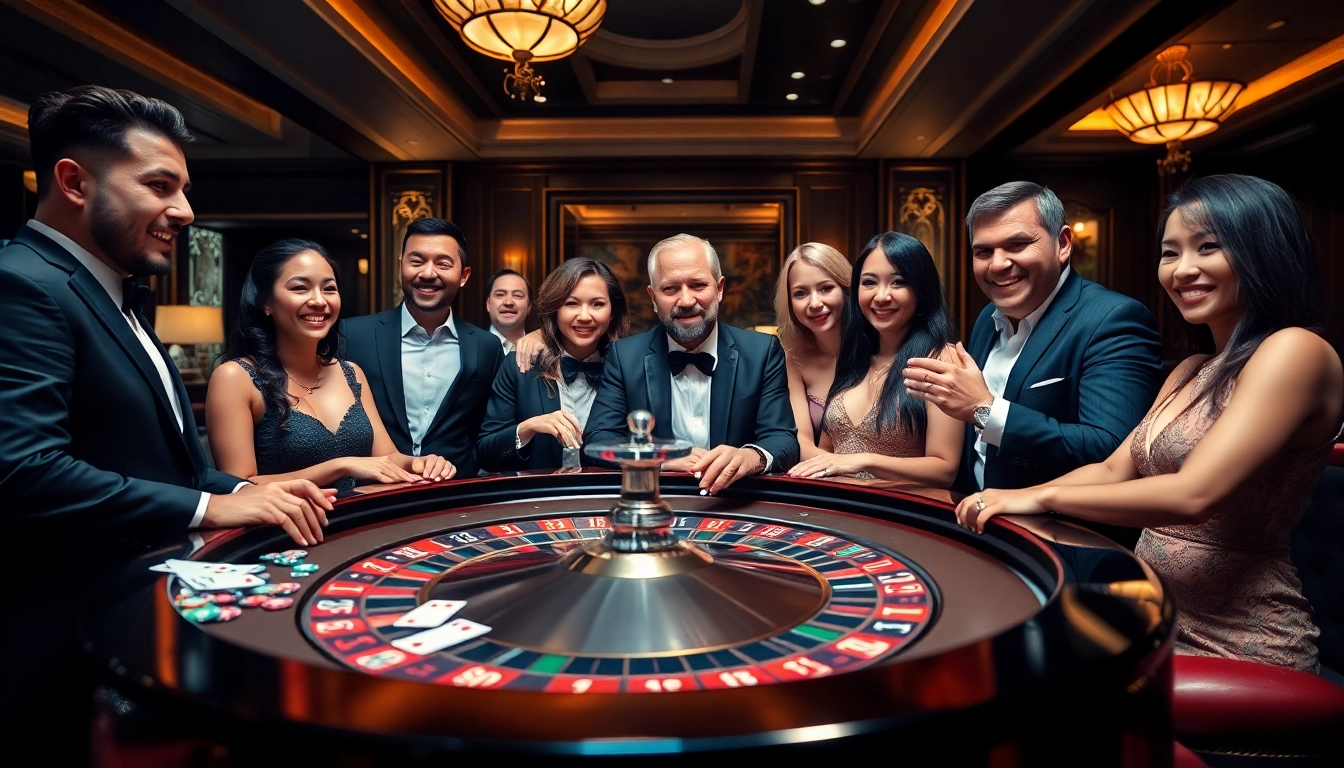 Experience the excitement of afktoto with lively players at an elegant casino roulette table.