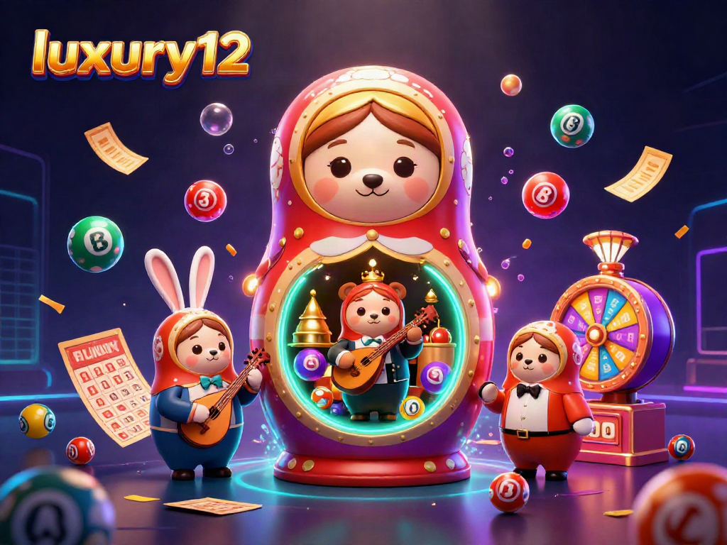 Engage with luxury12's dynamic casino scene featuring a Matryoshka bear, vibrant lottery balls, gold tickets, and enchanting visuals.