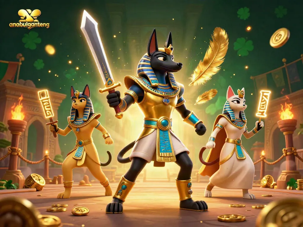 Anabulganteng menampilkan ilustrasi 3D karakter Anubis dan Bastet dalam suasana perjudian yang megah.