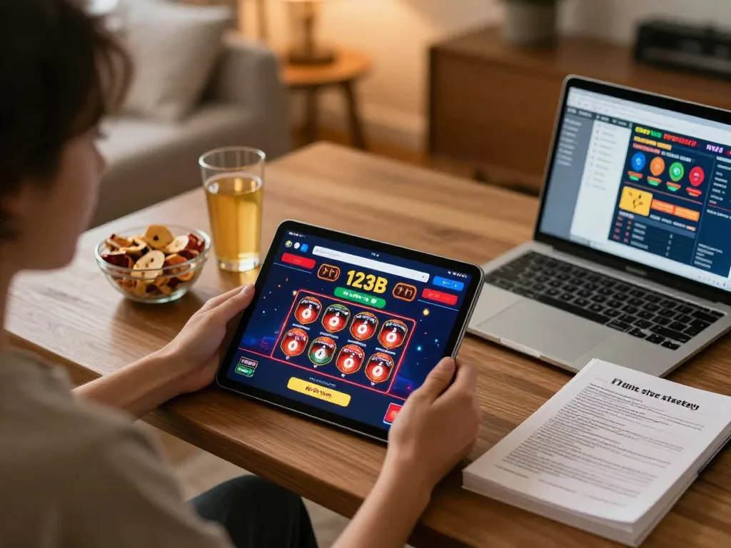 Person engaging in online gaming at 123B with tablet displaying casino game.
