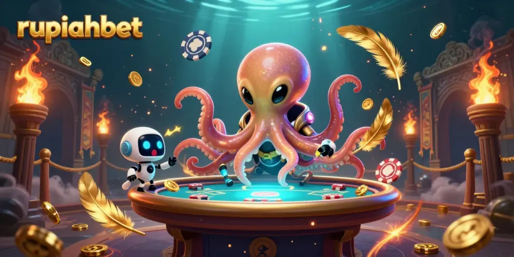 Engage in thrilling gameplay at rupiahbet with alien octopus dealer and vibrant casino elements.