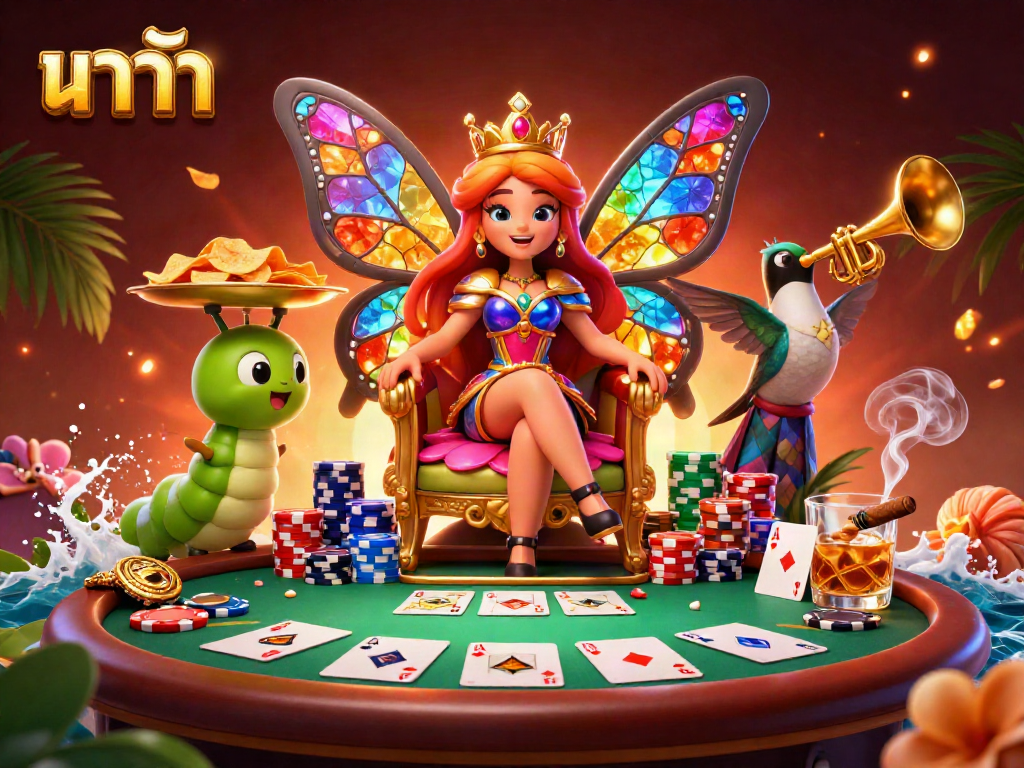 Play บาคาร่า at a vibrant casino scene featuring a butterfly queen, chips, and poker elements.