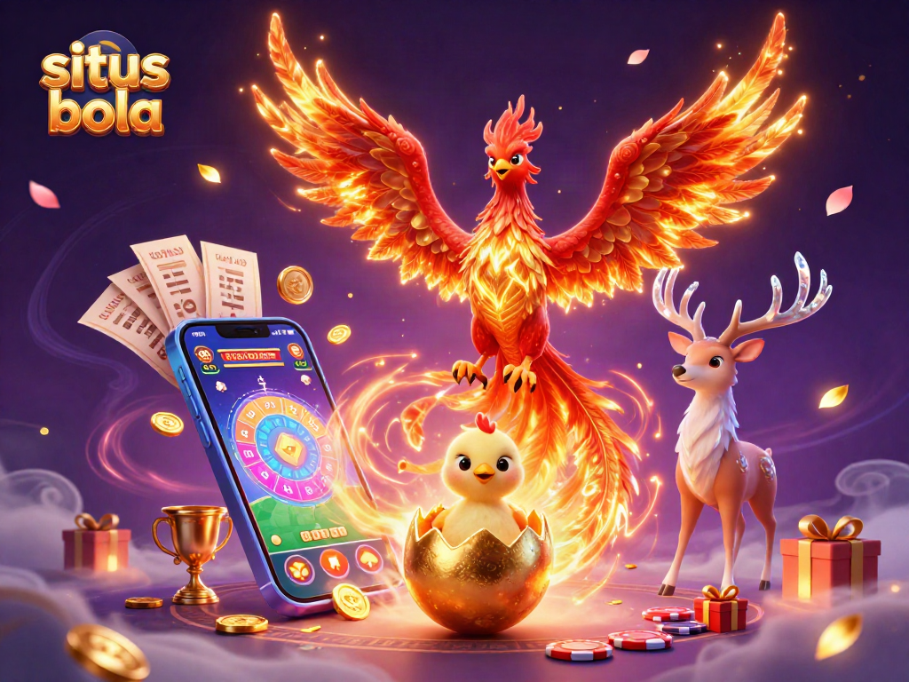 Menampilkan situs bola dengan phoenix berapi membara dan elemen taruhan olahraga yang dinamis.