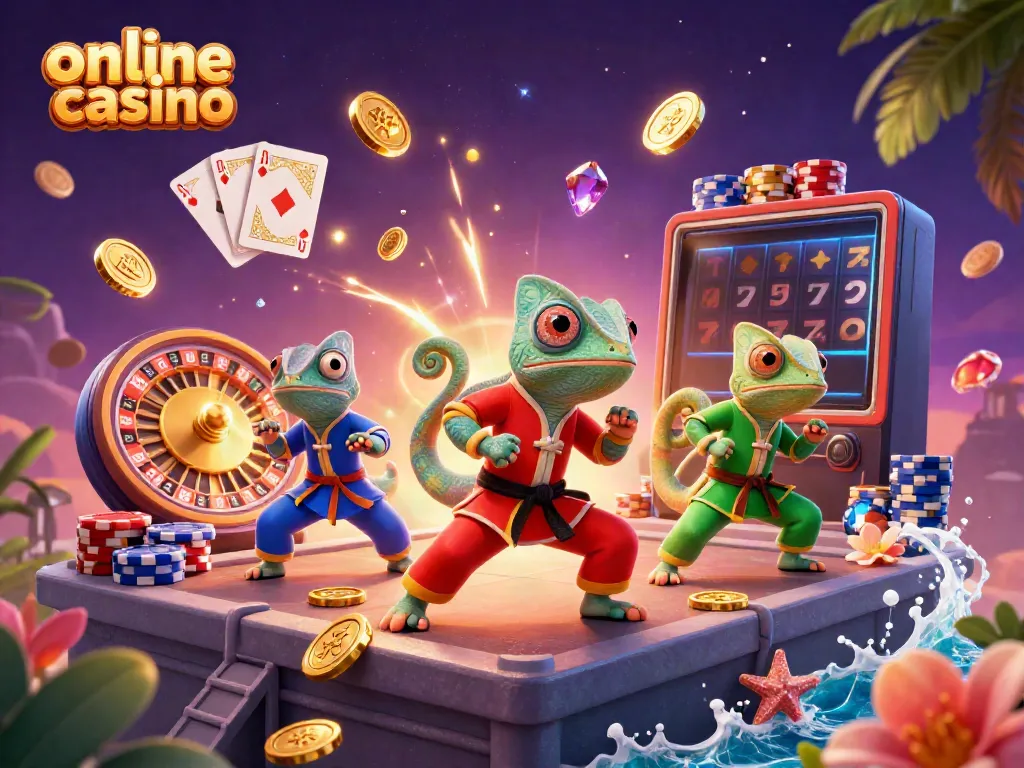 Experience an online casino adventure with vibrant chameleons, golden coins, and a spinning roulette.