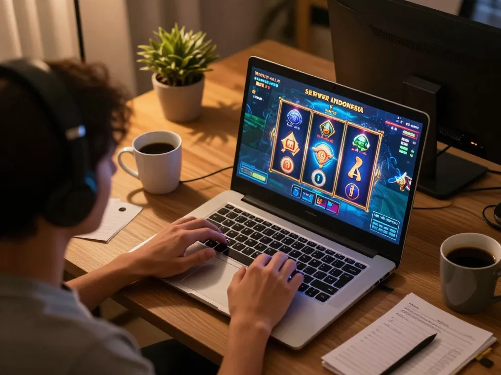 Bermain di slot server Indonesia di rumah, menampilkan grafis permainan yang cerah dan fokus pada keterlibatan.