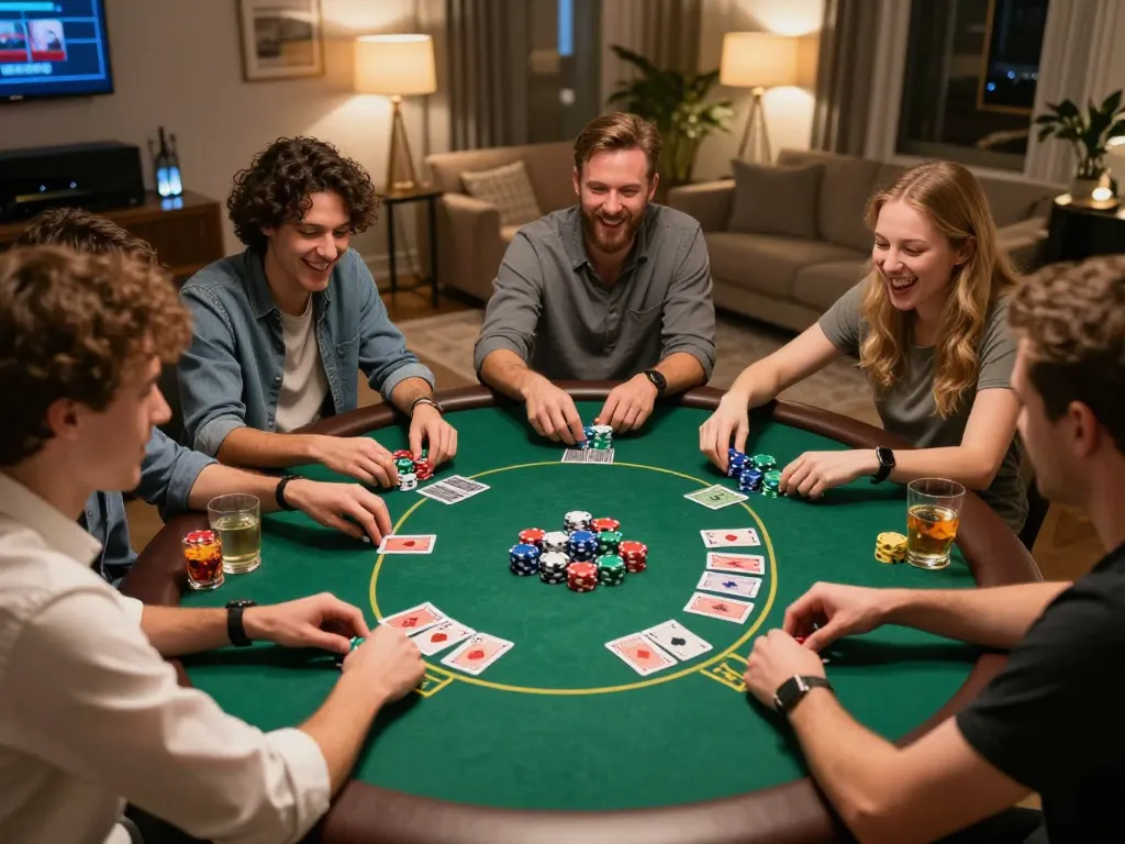 fly88 players enjoying an exciting home poker game with colorful chips and cards laid out