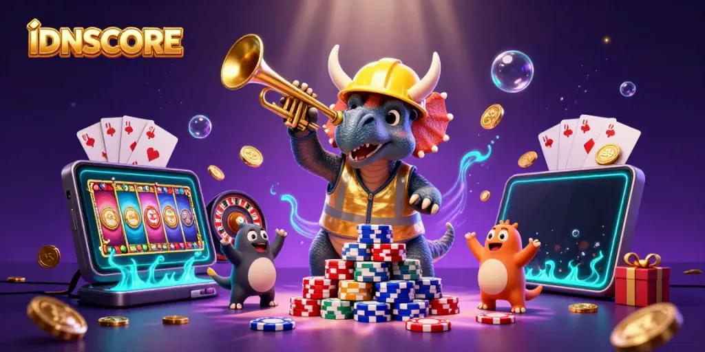 Experience the excitement of IDNSCORE with fun animated dinosaurs and vibrant casino elements.