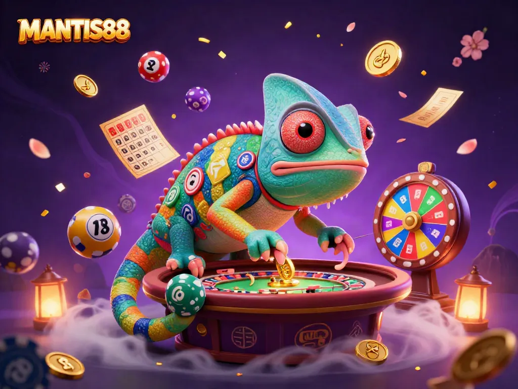 Experience casino excitement with MANTIS88, featuring a playful chameleon owner amid vibrant gaming elements.