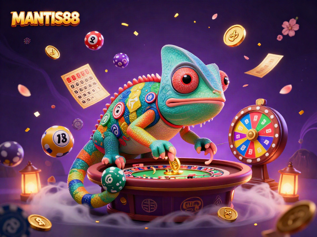 Experience casino excitement with MANTIS88, featuring a playful chameleon owner amid vibrant gaming elements.