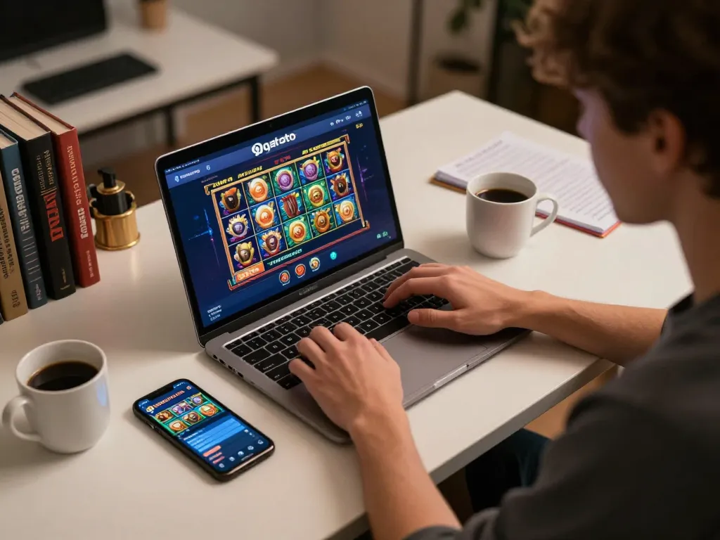 Player engaging with gtatoto online casino on laptop screen, showcasing a vibrant gaming setup.