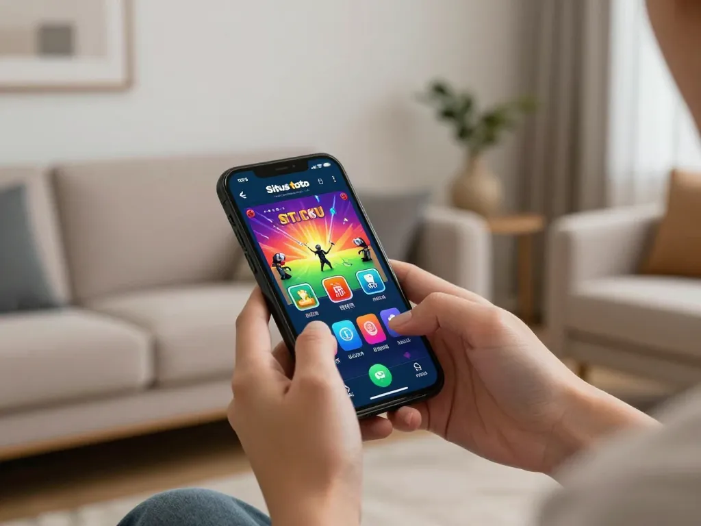 Engaging with situs toto app on smartphone showcasing vibrant betting interface in modern home