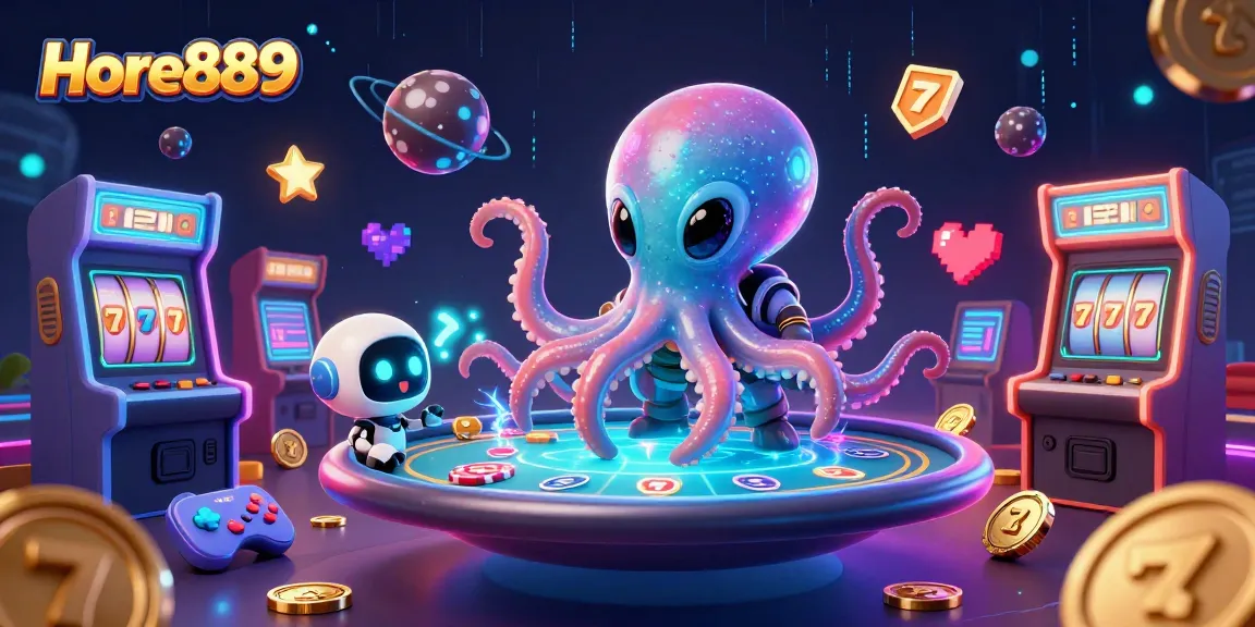 Experience thrilling gameplay with Hore889's lively 3D cosmic casino scene featuring an alien octopus and vibrant arcade elements.