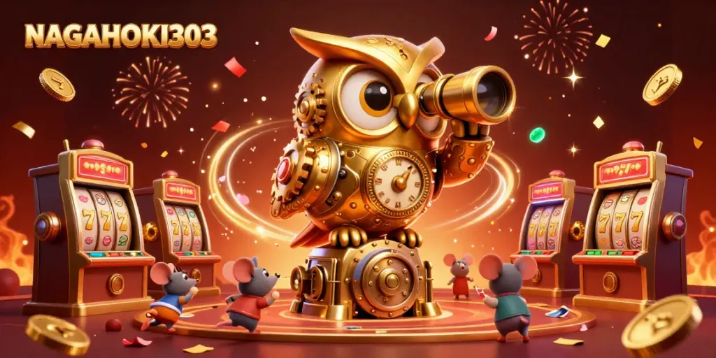 NAGAHOKI303 showcases a dynamic casino scene with a golden owl and festive elements.