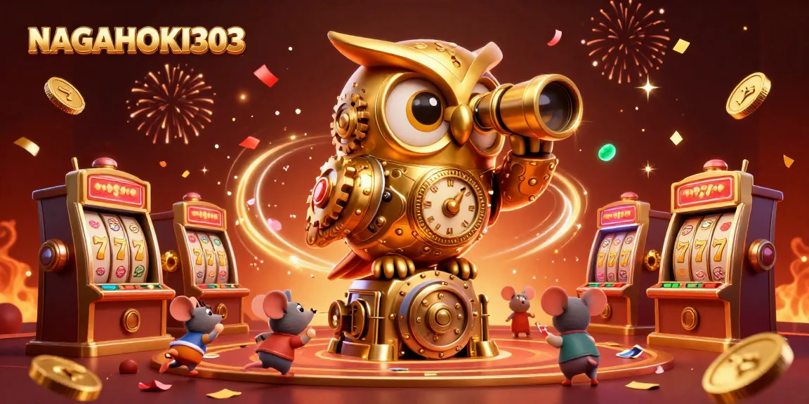 NAGAHOKI303 showcases a dynamic casino scene with a golden owl and festive elements.
