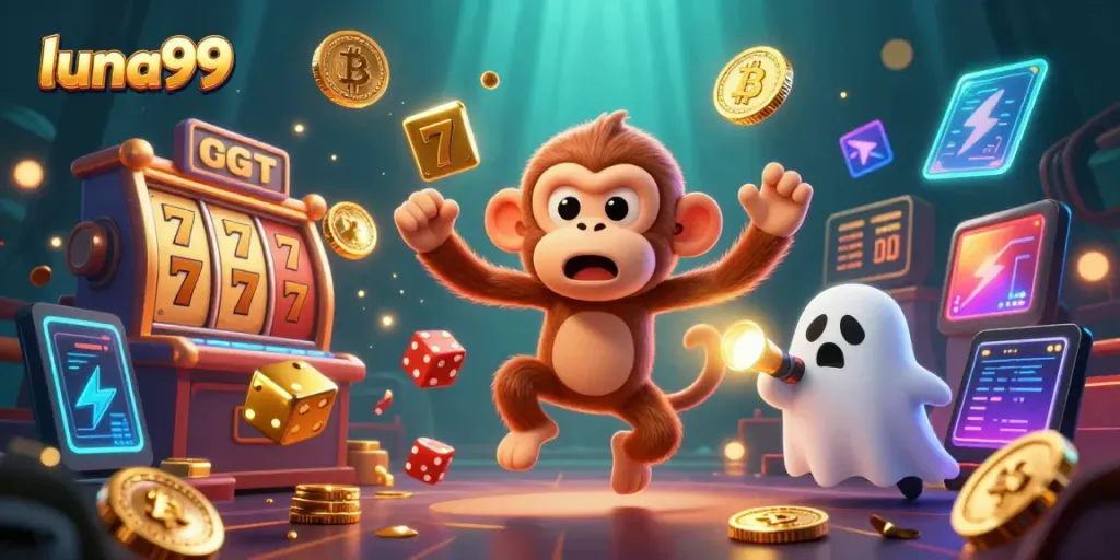 Permainan seru di luna99 dengan karakter lucu dan slot mengkilap dalam suasana kasino yang menegangkan.