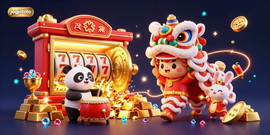 Experience joy and excitement at Jogjatoto with lion dance and vibrant casino elements.