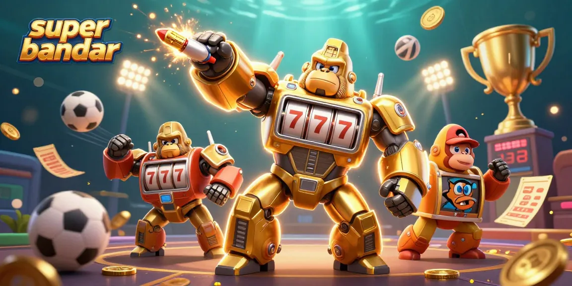 Menang besar di super bandar dengan mesin slot gorila mecha berkilau dan efek koin emas.