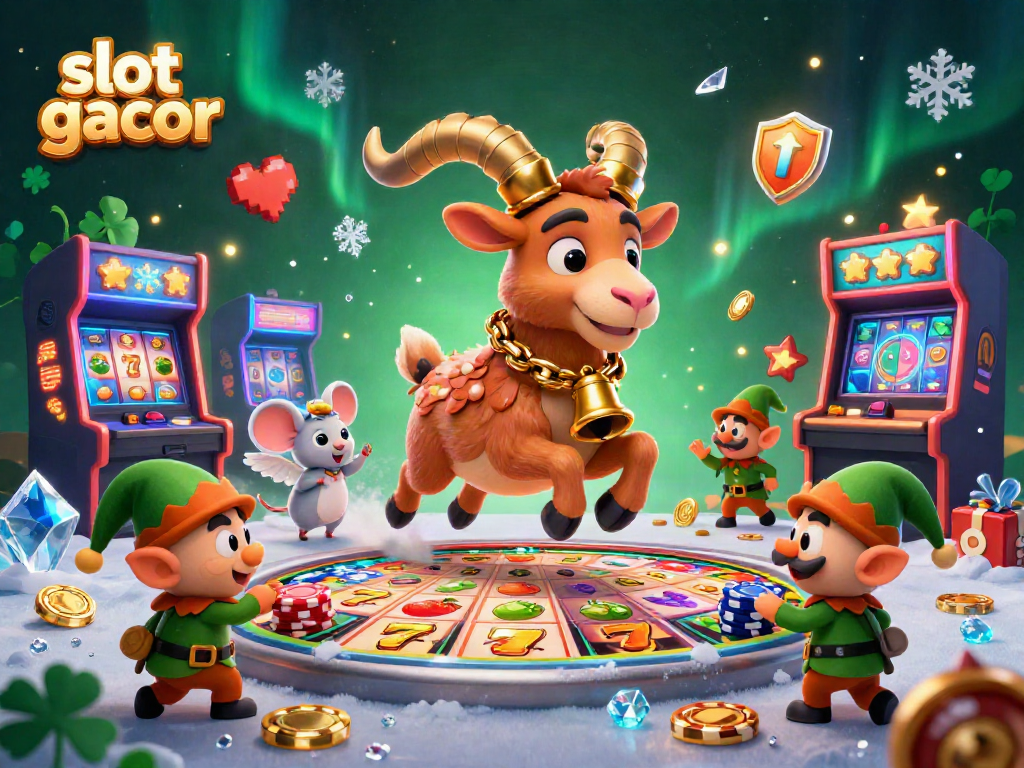 Slot gacor dengan menampilkan karakter kartun Krampus dan elf mencuri chip di kasino bertema jackpot.