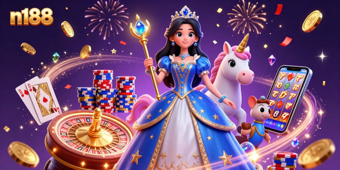 Experience n188 magic with a royal figure, unicorn, and vibrant casino elements in this 3D illustration.