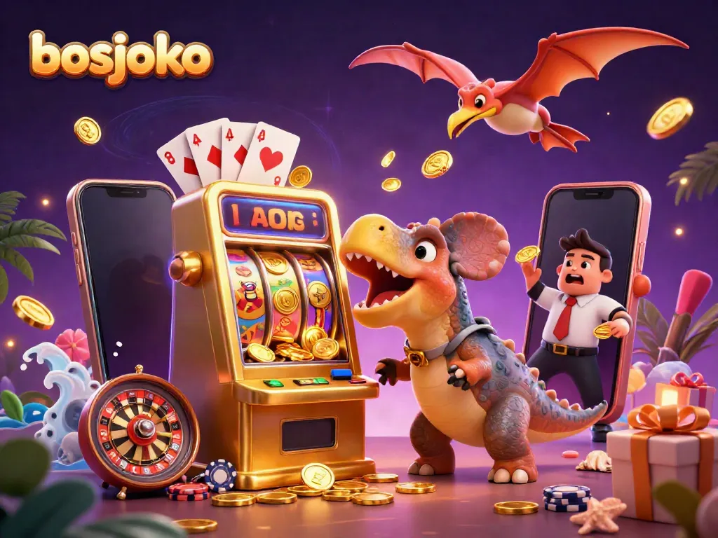 BOSJOKO game scene with a dinosaur hitting a slot machine and coins flying, showcasing fun gambling vibes.