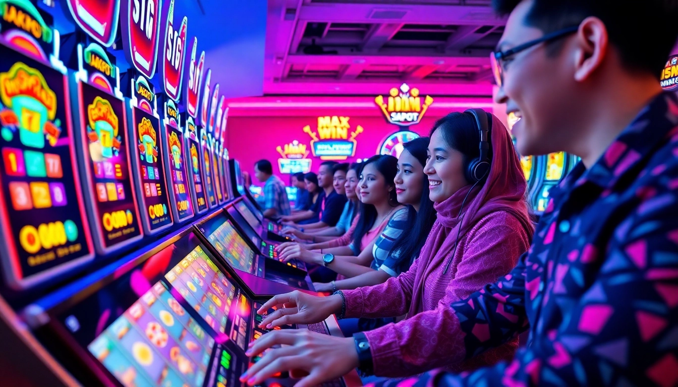 Exciting slot gacor gaming scene with players enjoying vibrant slot machines.