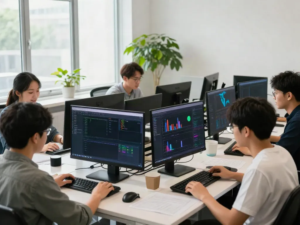 Local game provider's office promoting slot gacor, team collaborating in a lively environment.