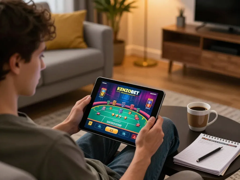 Player enjoys engaging KENZOBET login experience with tablet in a cozy home setting, highlighting strategic gameplay.