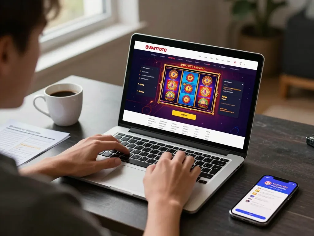 Engaging in BAYITOTO login for slot gaming on a laptop while surrounded by strategy notes in a cozy atmosphere.